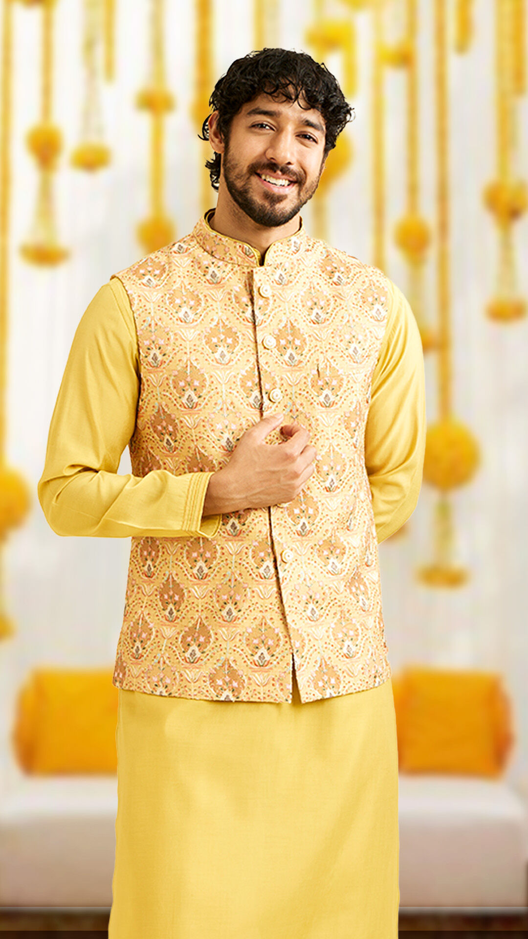 A dapper Haldi Ceremony Kurta Set from Manyavar